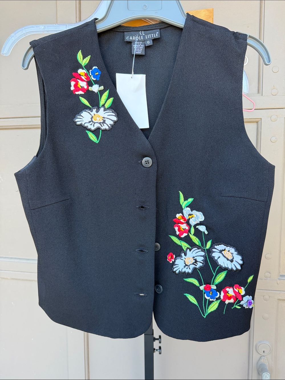 Carole Little Black Floral Embroidered Vest